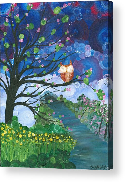 Owls Acrylic Print featuring the painting Hoolandia Seasons Spring by MiMi Stirn
