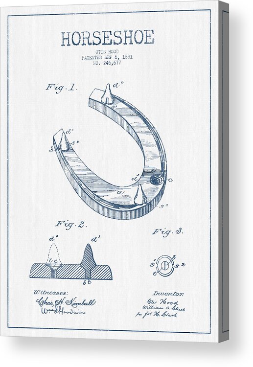 Horseshoe Acrylic Print featuring the digital art Horseshoe Patent Drawing from 1881- Blue Ink by Aged Pixel