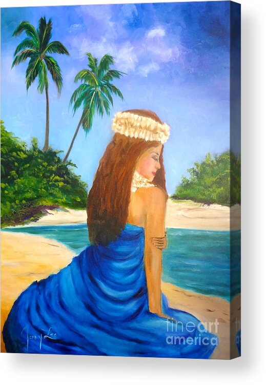 Hula Girl Acrylic Print featuring the painting Hula Girl On The Beach by Jenny Lee