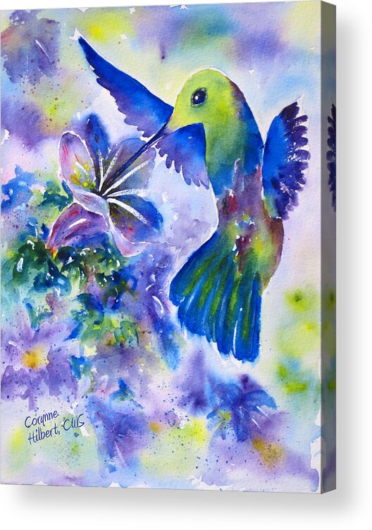 Hummingbird Acrylic Print featuring the painting Jewel In Flight by Corynne Hilbert