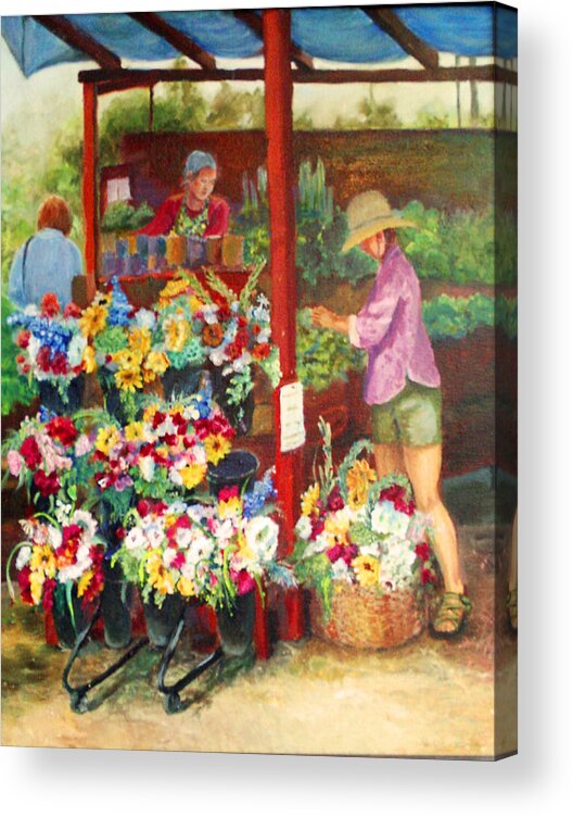 Painting Of Farmers Market Acrylic Print featuring the painting Killarney Farms Booth by Harriett Masterson