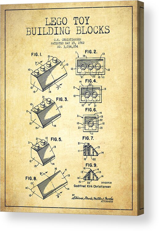 Lego Acrylic Print featuring the digital art Lego Toy Building Blocks Patent - Vintage by Aged Pixel