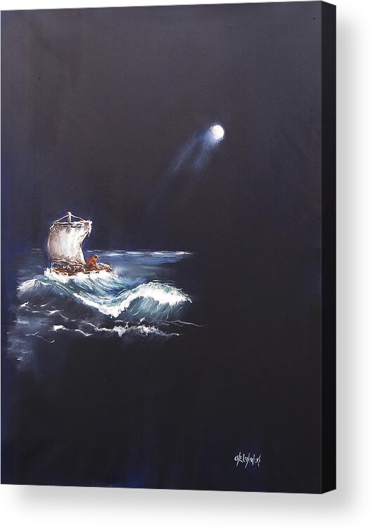 Lonely Survivor Ocean Sea Raft Wave Moon Light Night Drift Castaway Man Hope Wreck Water Print Painting Acrylic Canvas Abyss Rescue Save Cry For Help Aboard Sail Sailing Sailor Seaman Navigator Navigation Nautical Sail Cloth Acrylic Print featuring the painting Lonely Survivor by Miroslaw Chelchowski