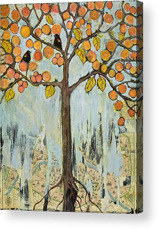 Tree Acrylic Print featuring the painting Love Birds in Paris Tree of Life by Blenda Studio