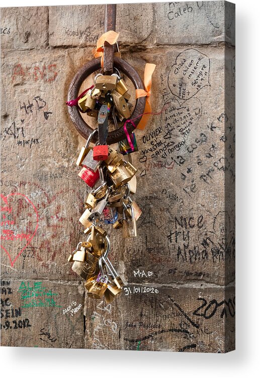 Ancient Acrylic Print featuring the photograph Lover's locks on the Ponte Vecchio in Florence by John Pagliuca
