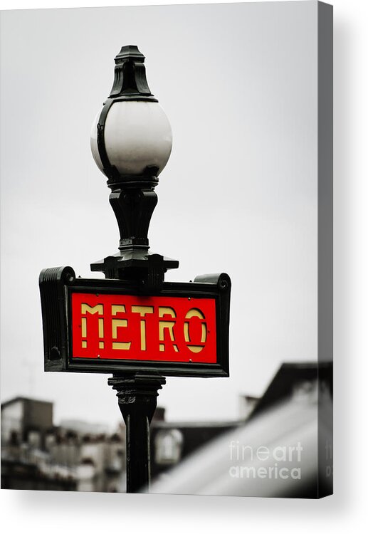 Sign Acrylic Print featuring the photograph Metro Sign in Paris by Mary Jane Armstrong