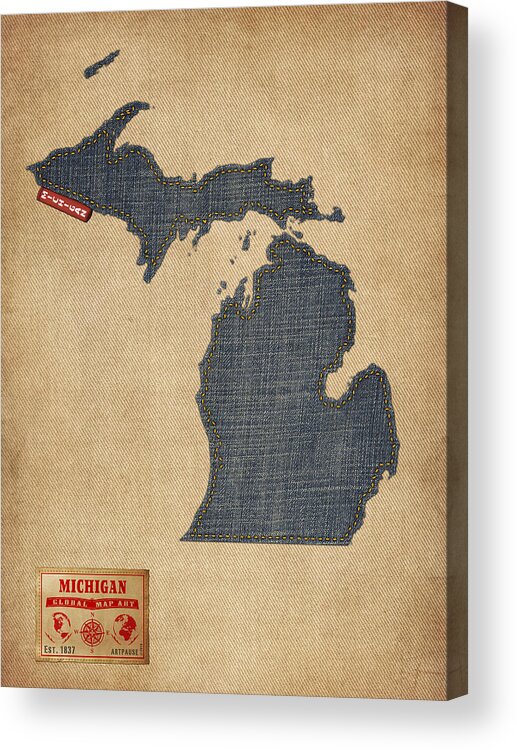 United States Map Acrylic Print featuring the digital art Michigan Map Denim Jeans Style by Michael Tompsett