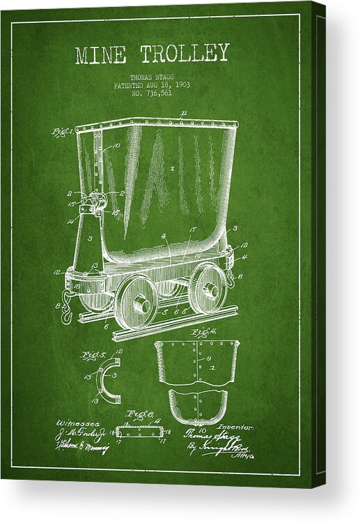 Mine Trolley Acrylic Print featuring the digital art Mine Trolley Patent Drawing From 1903 - Green by Aged Pixel