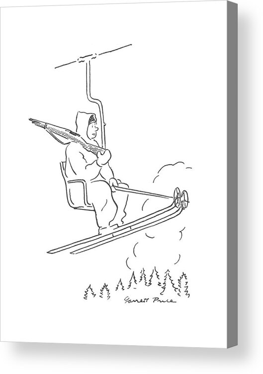 116932 Gpi Garrett Price G.i. On A Ski Lift With His Rifle. Ski Skiing Sport Sports Gun Guns Weapon Weapons Weaponry Seasonal Seasons Snow Snowfall Winter Snowing Blizzard Snowstorm Ice Cold Military Army Navy Marines Marine War Battle Soldier Soldiers General G.i. On A Ski Lift With His Ri?e. Acrylic Print featuring the drawing New Yorker February 27th, 1943 by Garrett Price