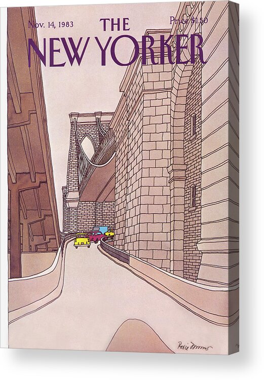 (cars And Taxis Motoring Up The Ramp To The Brooklyn Bridge.) New York City Urban Technology Architecture Automobiles Driving Travel Transportation Roxie Munro Rmu Artkey 47424 Acrylic Print featuring the painting New Yorker November 14th, 1983 by Roxie Munro