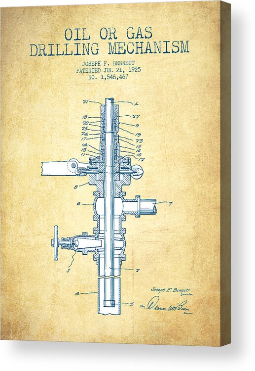 Well Drilling Acrylic Print featuring the drawing Oil or Gas Drilling Mechanism Patent From 1925 - Vintage Paper by Aged Pixel