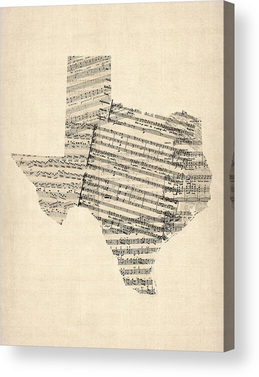 Texas Acrylic Print featuring the digital art Old Sheet Music Map of Texas by Michael Tompsett