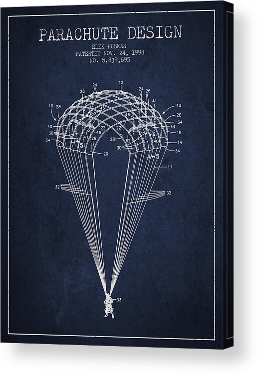 Parachute Acrylic Print featuring the digital art Parachute Design patent from 1998 - Navy Blue by Aged Pixel
