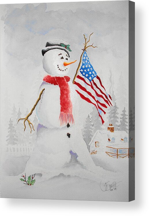 Winter Acrylic Print featuring the painting Patriotic Snowman by Jimmy Smith