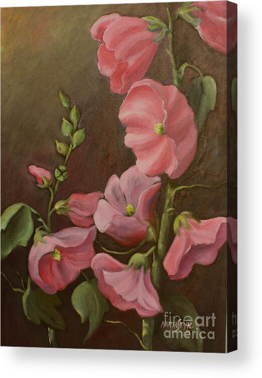 Shades Of Pink In Blooms Acrylic Print featuring the painting Pink Holyhock by Marta Styk