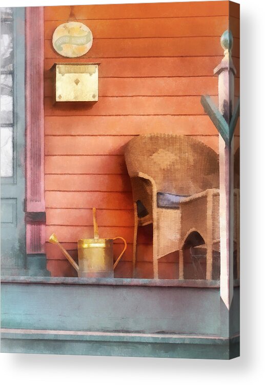Watering Can Acrylic Print featuring the photograph Porch With Brass Watering Can by Susan Savad