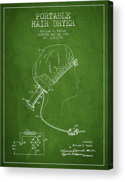 Hair Dryer Acrylic Print featuring the digital art Portable Hair Dryer patent from 1968 - Green by Aged Pixel