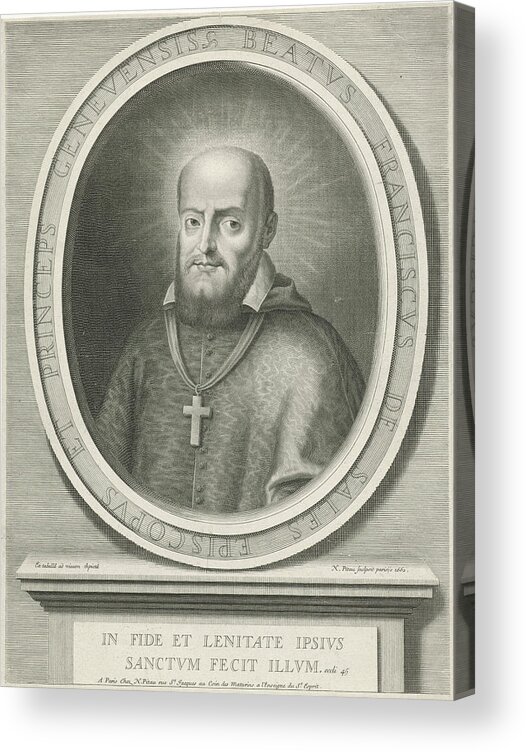 Nimbus Acrylic Print featuring the drawing Portrait Of St. Francis De Sales, A Halo Behind His Head by Nicolas Pitau (i)