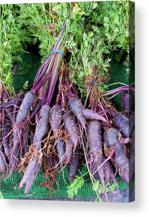 Purple Acrylic Print featuring the photograph Purple Carrots At A Farmers Market by Bill Boch