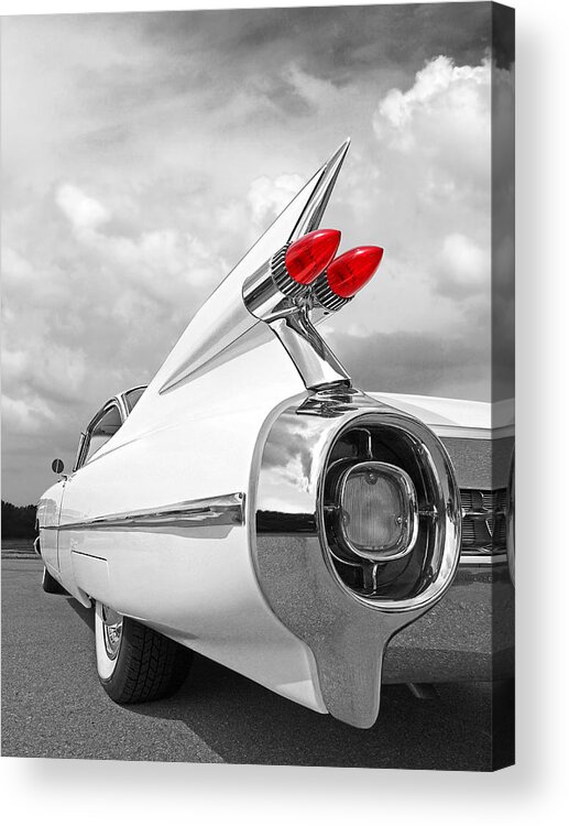Cadillac Acrylic Print featuring the photograph Reach For The Skies - 1959 Cadillac Tail Fins Black and White by Gill Billington