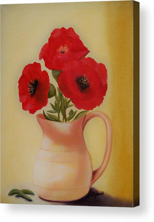 Flowers Acrylic Print featuring the painting Red Flowers in Clay Pot by Joni McPherson