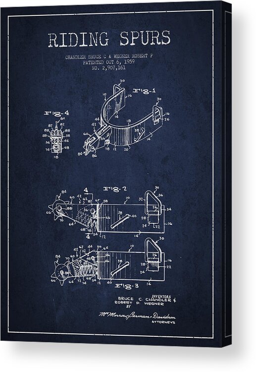 Riding Spurs Acrylic Print featuring the digital art Riding Spurs Patent Drawing from 1959 - Navy Blue by Aged Pixel