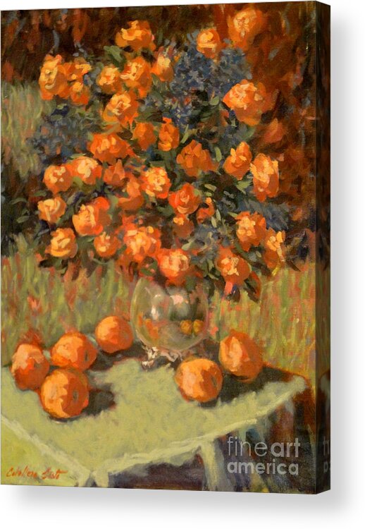 Flowers Acrylic Print featuring the painting Roses and peaches by Monica Elena