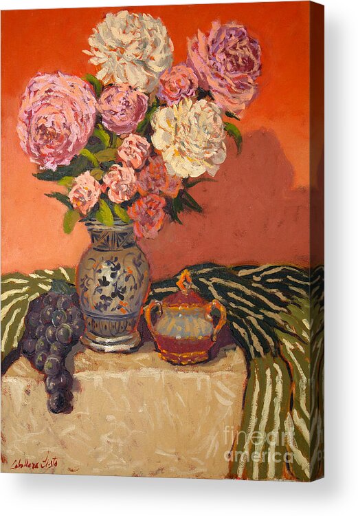 Still Life Arrangements Acrylic Print featuring the painting Roses peonies and grapes by Monica Elena