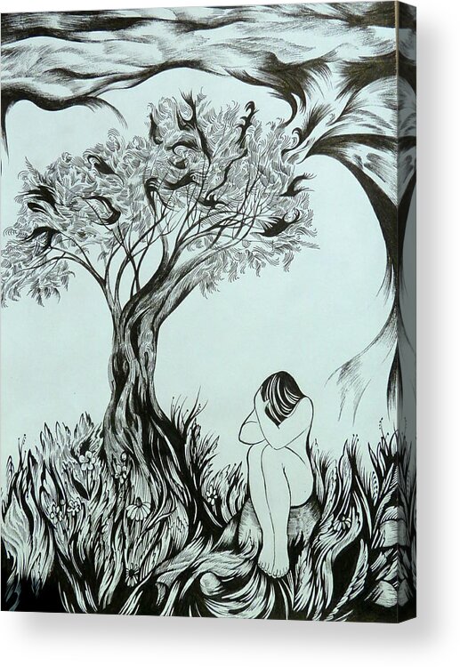 Pen And Ink Acrylic Print featuring the drawing Sadness by Anna Duyunova