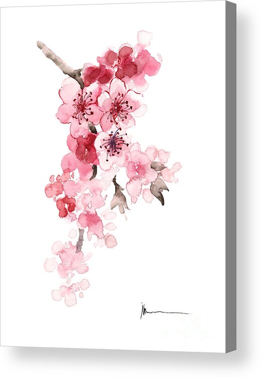 Sakura Acrylic Print featuring the painting Sakura flowers watercolor art print painting by Joanna Szmerdt