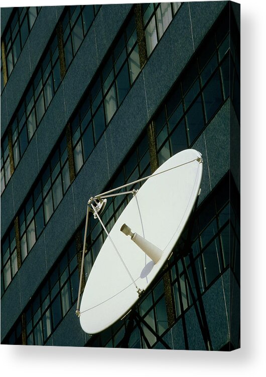 Satellite Dish Acrylic Print featuring the photograph Satellite Dish Outside Tower Block In London by Alex Bartel/science Photo Library