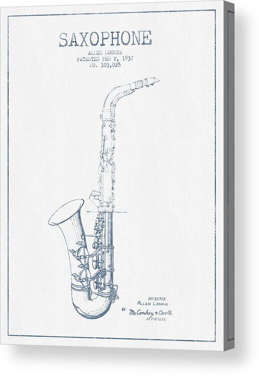Saxophone Acrylic Print featuring the digital art Saxophone Patent Drawing From 1937 - Blue Ink by Aged Pixel