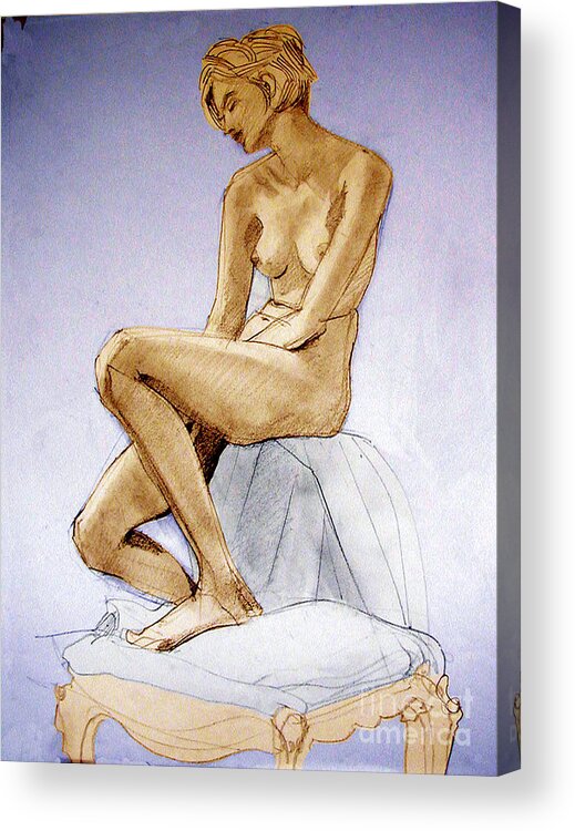 Tinted Acrylic Print featuring the drawing Tinted Figure Drawing of a Seated Female Nude Dreaming by Greta Corens