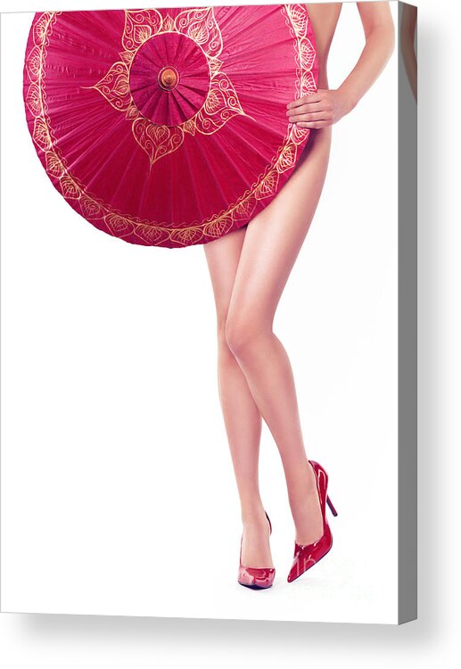 Sexy Acrylic Print featuring the photograph Sexy Asian woman with red oriental umbrella by Maxim Images Exquisite Prints