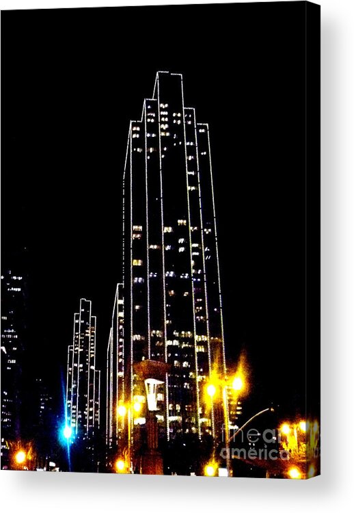Sf.night.light Up.black.yellow.blue.white.modern.city.high Building.sky.line.energy. Acrylic Print featuring the photograph SF night light up by Kumiko Mayer