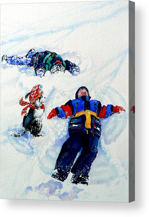Kids In Snow Acrylic Print featuring the painting Snow Angels by Hanne Lore Koehler