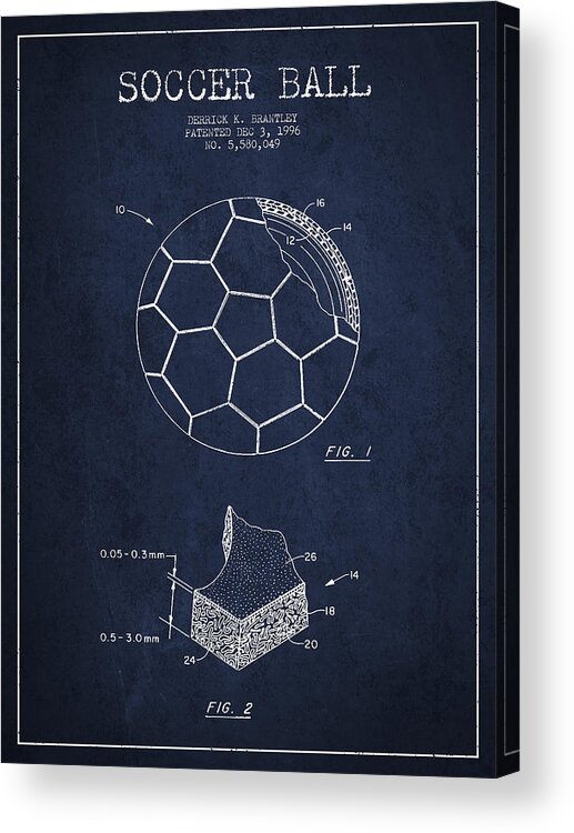 Soccer Acrylic Print featuring the digital art Soccer Ball Patent Drawing from 1996 - Navy Blue by Aged Pixel