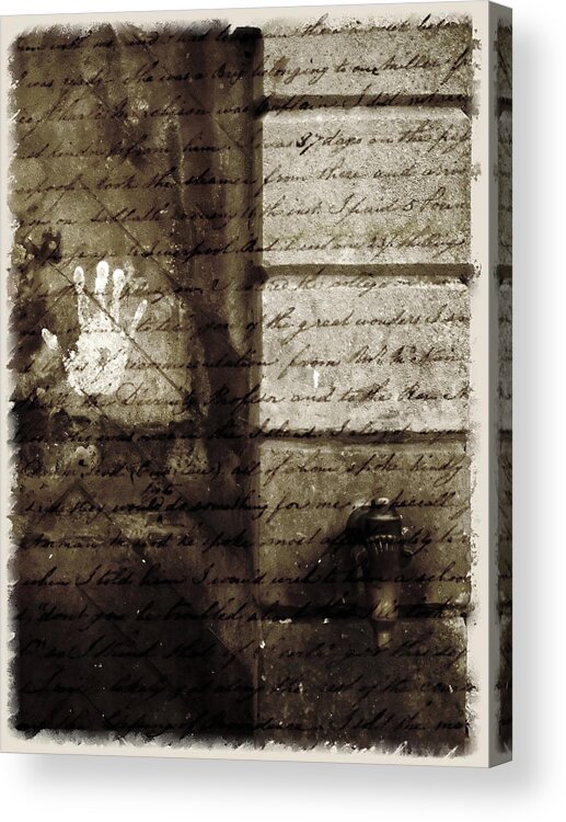 Nobody Acrylic Print featuring the photograph spring water memories - A letter and hand print composition beside a vintage griffin by Pedro Cardona Llambias