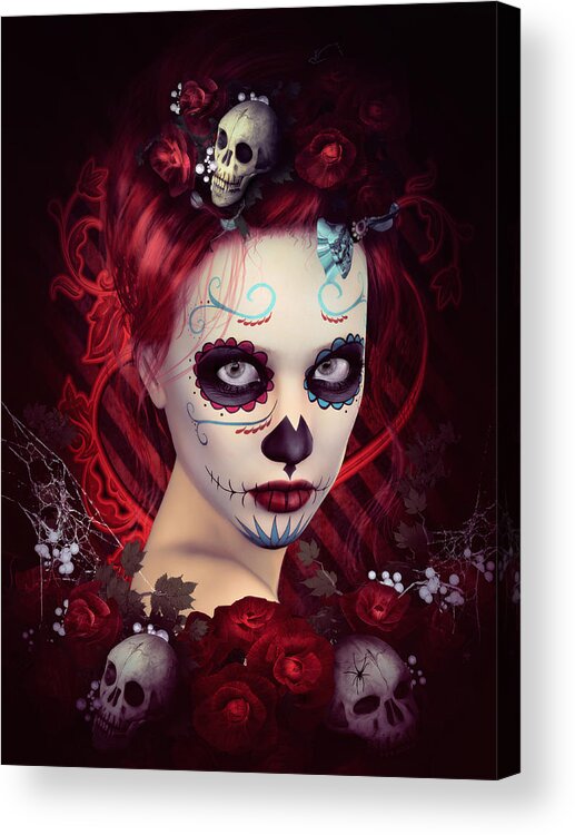 Day Of The Dead Acrylic Print featuring the digital art Sugar Doll Red by Shanina Conway