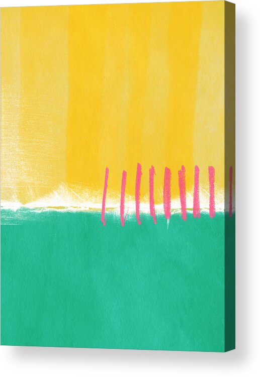 Large Contemporary Abstract Landscape Abstract Painting Yellow And Pink Yellow And Turquoise Yellow Abstract Painting Fresh Spring Summer Nature Cheery Painting Lobby Art Office Art Hospitality Art Studio Art Gallery Art Turquoise Art Contemporary Abstract Painting Zen Abstract Acrylic Print featuring the painting Summer Walk by Linda Woods