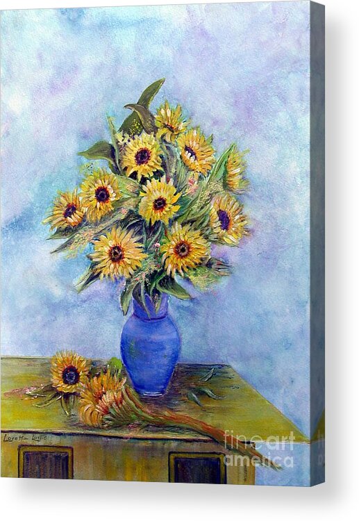 Vase Acrylic Print featuring the painting Sunflowers and Blue Vase by Loretta Luglio