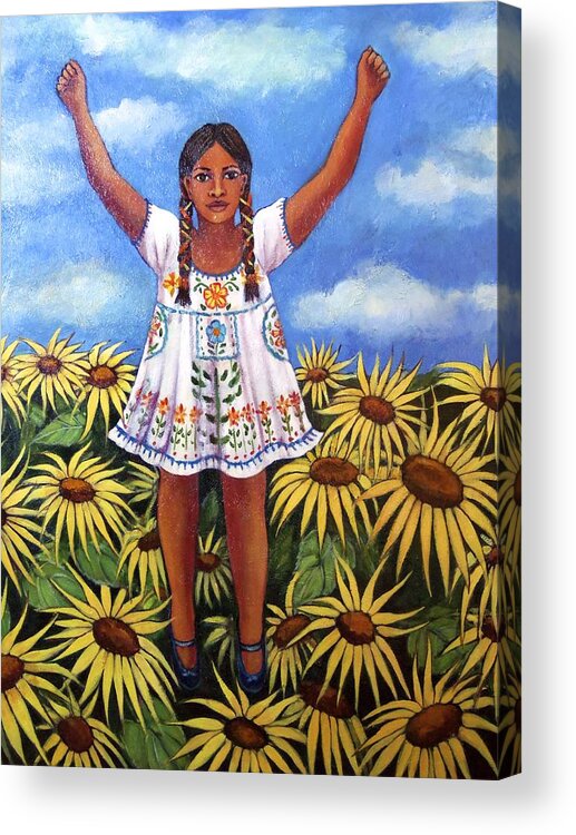 Young Mexican Girl Acrylic Print featuring the painting Sunflowers by Susan Santiago
