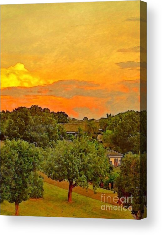 Sharkcrossing Acrylic Print featuring the digital art V Sunset Over Orchard - Vertical by Lyn Voytershark