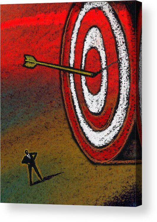 Ability Accomplishing Accomplishment Achievement Administration Adult Aim Aiming Alone Ambition Arrow Artwork Aspiration Aspire Assessment Attitude Authority Boss Power Prevailing Problem Solving Productive Productivity Protection Quality Resolving Reward Safety Secure Security Single Solo Standing Succeed Succeeding Success Successful Supervisor Target Thing Toiling Triumphing Acrylic Print featuring the painting Target by Leon Zernitsky