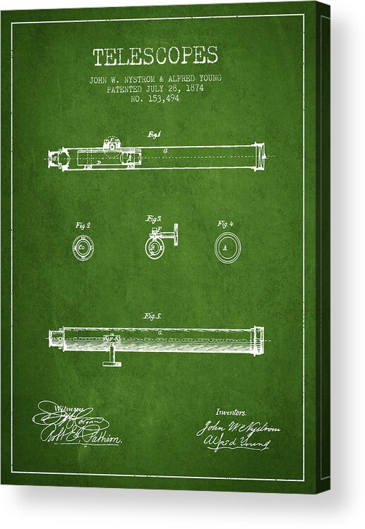 Telescope Acrylic Print featuring the digital art Telescope patent from 1874 - Green by Aged Pixel