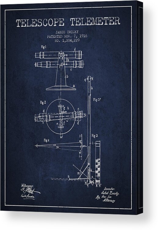 Telescope Acrylic Print featuring the digital art Telescope Telemeter Patent from 1916 - Navy Blue by Aged Pixel