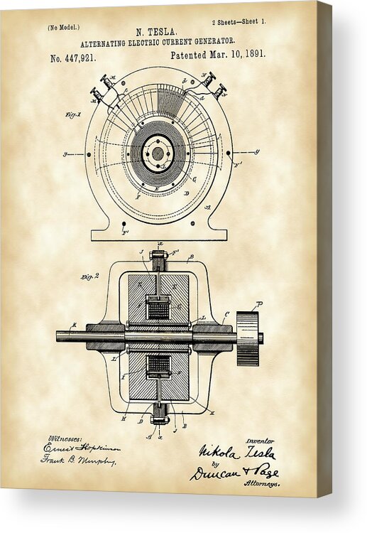 Patent Acrylic Print featuring the digital art Tesla Alternating Electric Current Generator Patent 1891 - Vintage by Stephen Younts