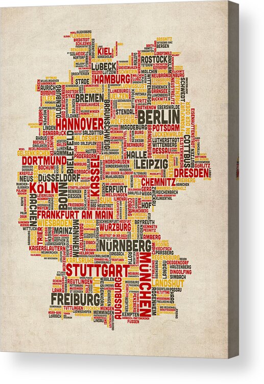 Text Map Acrylic Print featuring the digital art Text Map of Germany Map by Michael Tompsett