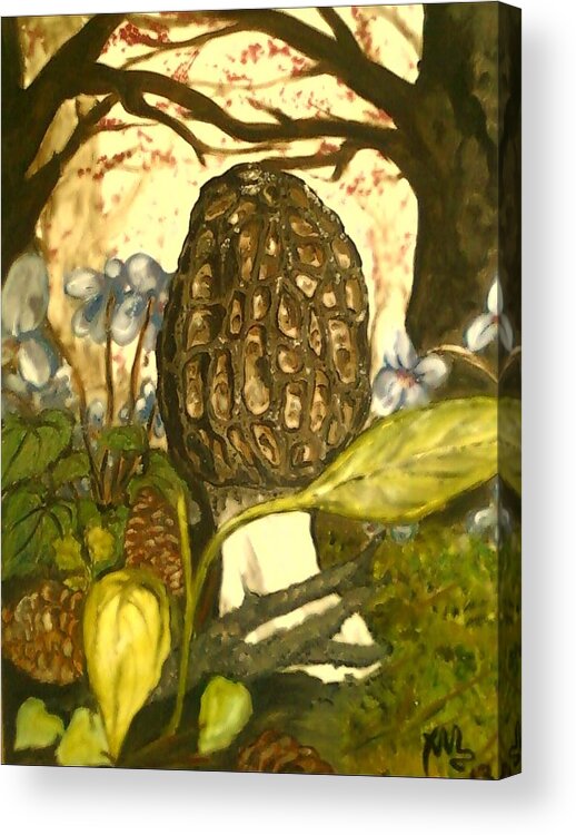 Morel Acrylic Print featuring the painting The Elusive Morel Among Violets by Alexandria Weaselwise Busen