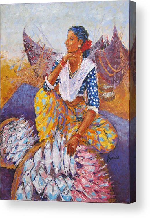 Fish Acrylic Print featuring the painting The Fisherwoman by Jyotika Shroff